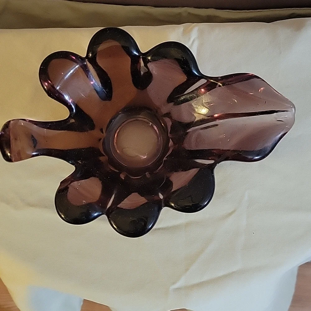 Purple Art Glass Leaf Candy Dish Bowl